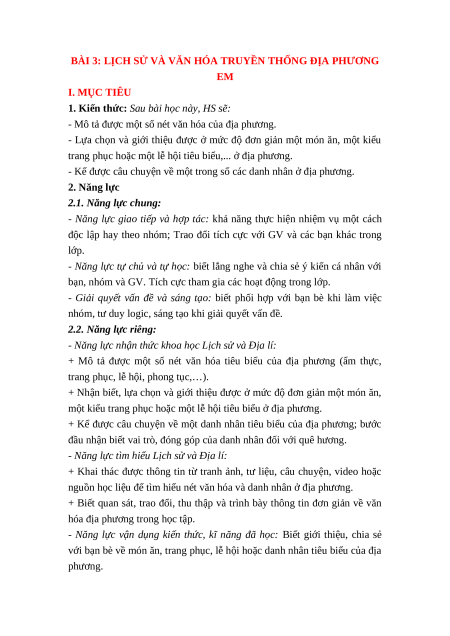 Giáo án Bài 3 Lịch sử & Địa lí lớp 4 Kết nối tri thức: Lịch sử và văn hóa truyền thống địa phương em