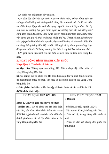 Giáo án Bài 9 Lịch sử & Địa lí lớp 4 Kết nối tri thức: Dân cư và hoạt động sản xuất ở vùng Đồng bằng Bắc Bộ