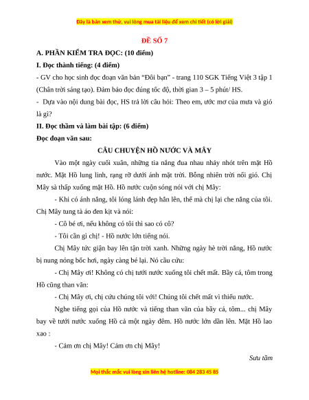 Đề thi cuối kì 1 Tiếng Việt lớp 3 Chân trời sáng tạo - Đề 7