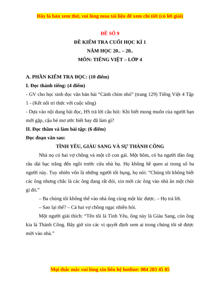 Đề thi cuối kì 1 Tiếng Việt lớp 4 Kết nối tri thức (đề 9)