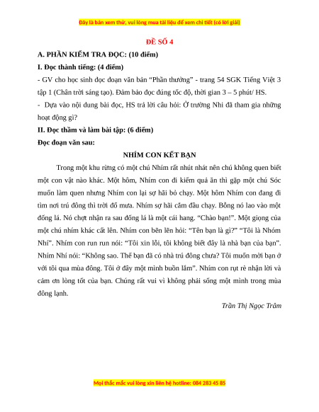Đề thi cuối kì 1 Tiếng Việt lớp 3 Chân trời sáng tạo - Đề 4