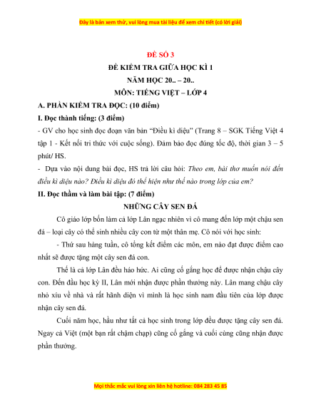 Đề thi giữa kì 1 Tiếng Việt lớp 4 Kết nối tri thức (đề 3)