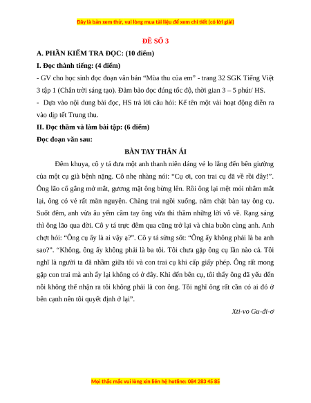 Đề thi cuối kì 1 Tiếng Việt lớp 3 Chân trời sáng tạo - Đề 3