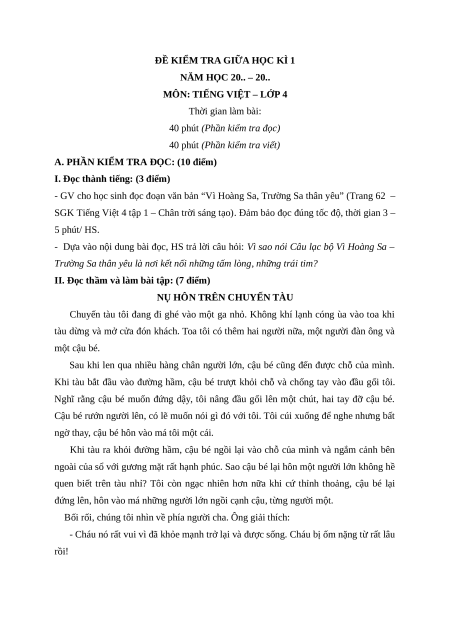 Đề thi giữa kì 1 Tiếng Việt lớp 4 Chân trời sáng tạo (đề 7)