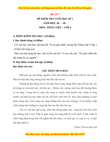 Đề thi cuối kì 1 Tiếng Việt lớp 4 Chân trời sáng tạo (đề 7)