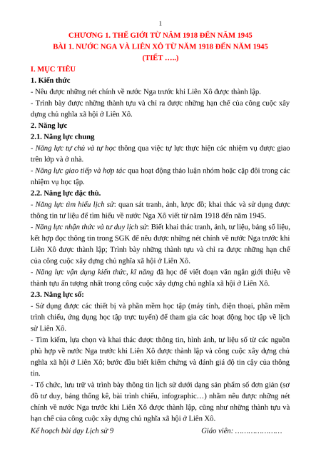 Giáo án Bài 1 Lịch sử 9 Kết nối tri thức: Nước Nga và Liên Xô từ năm 1918 đến năm 1945
