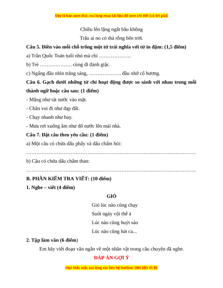 Đề thi cuối kì 1 Tiếng Việt lớp 3 Chân trời sáng tạo - Đề 5