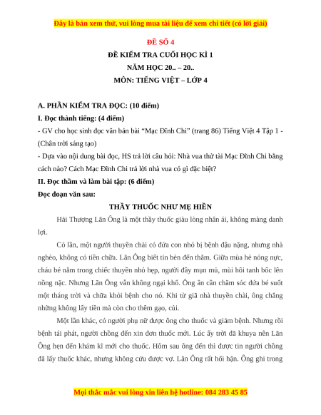 Đề thi cuối kì 1 Tiếng Việt lớp 4 Chân trời sáng tạo (đề 4)