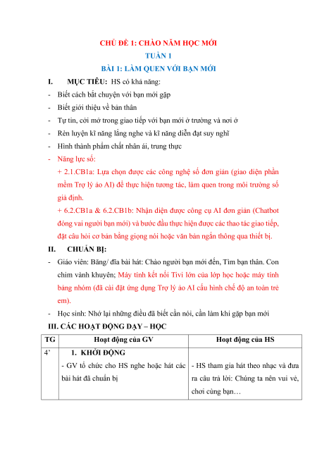 Giáo án Hoạt động trải nghiệm lớp 1 (sách mới) | Giáo án Hoạt động trải nghiệm lớp 1