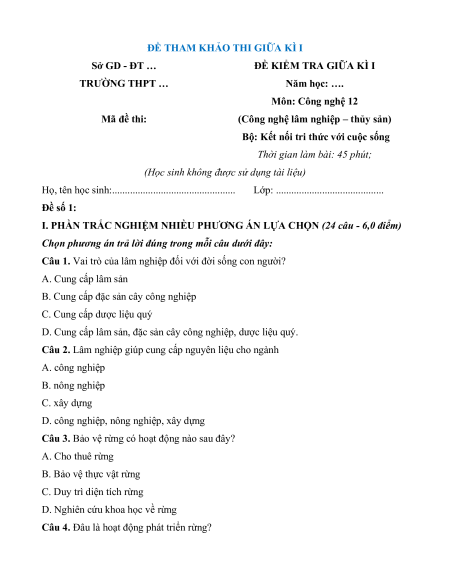 8 Đề thi Giữa kì 1 Công nghệ Lâm nghiệp - Thủy sản 12 (có lời giải)
