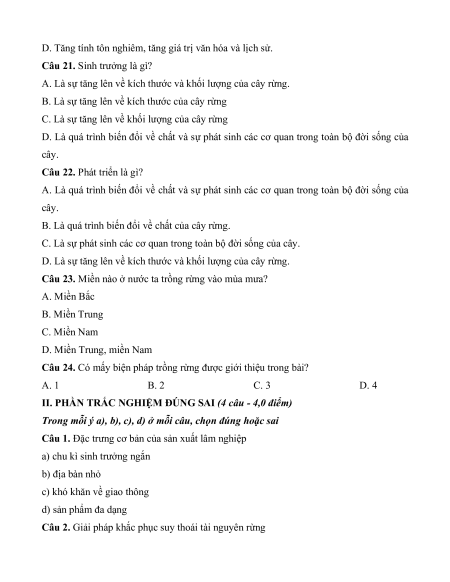 8 Đề thi Giữa kì 1 Công nghệ Lâm nghiệp - Thủy sản 12 (có lời giải)