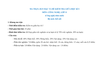 7 Đề thi Giữa kì 1 Công nghệ Chăn nuôi 11 (có lời giải)