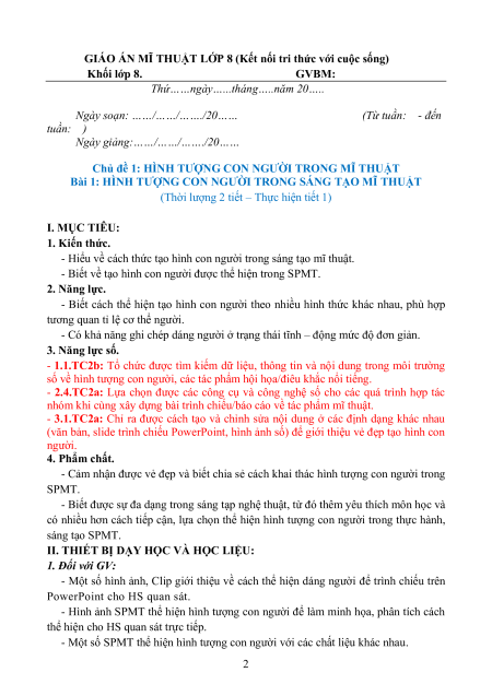 Giáo án Mĩ thuật 8 Kết nối tri thức (năng lực số)