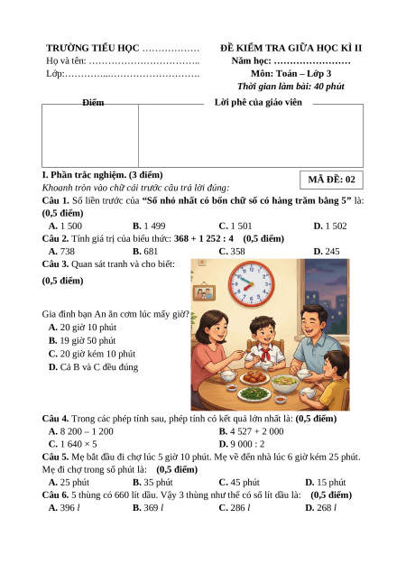 Bộ 15 đề thi giữa kì 2 Toán lớp 3 Kết nối tri thức có đáp án
