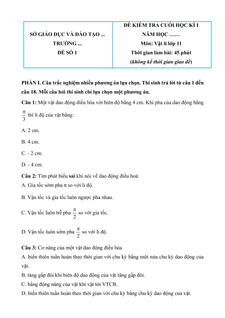 10 đề thi Vật lí 11 Cuối kì 1 cấu trúc mới có lời giải (sách mới)