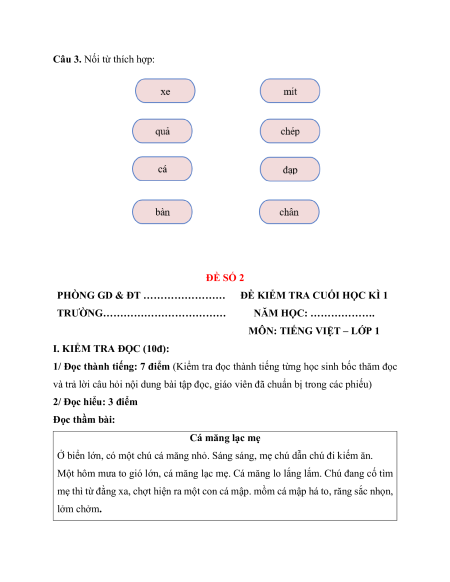 Đề thi Tiếng việt lớp 1 Học kì 1 có lời giải (sách mới)