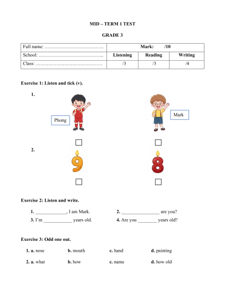 5 Đề kiểm tra Giữa kì 1 Tiếng Anh lớp 3 Global Success (có file nghe)