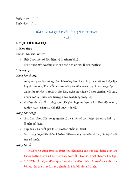 Giáo án Mĩ thuật 11 Kết nối tri thức (năng lực số)