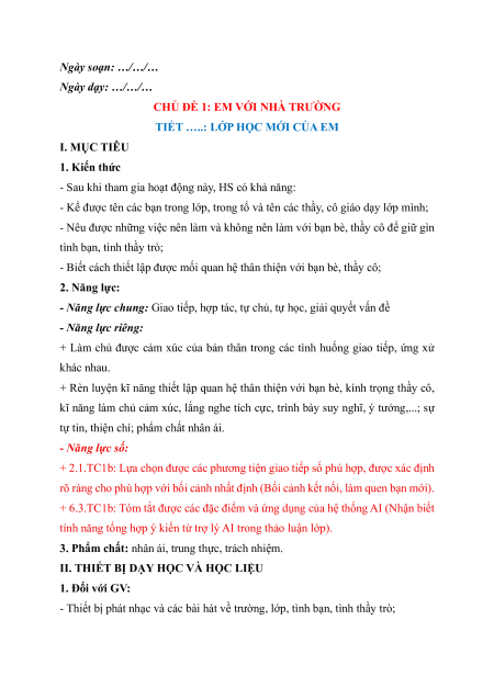 Giáo án HĐTN 6 Kết nối tri thức (năng lực số)