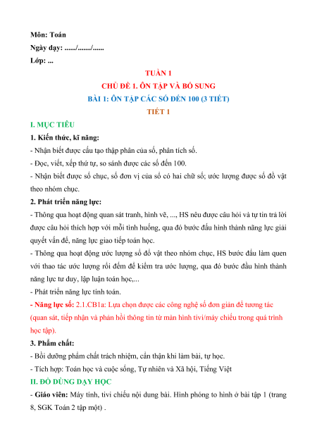 Giáo án Toán lớp 2 (sách mới) | Giáo án Toán lớp 2