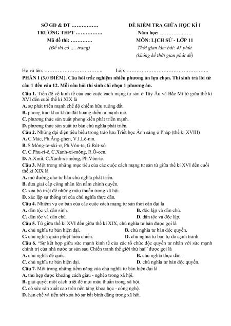 Bộ 19 đề thi giữa kì 1 Lịch sử 11 Kết nối tri thức cấu trúc mới có đáp án