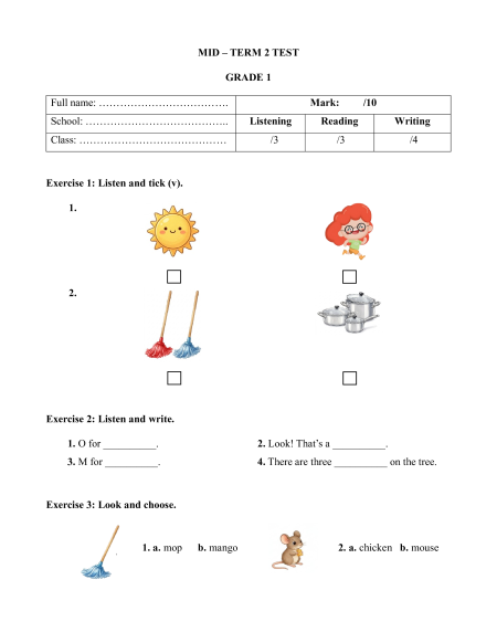 5 Đề kiểm tra Giữa kì 2 Tiếng Anh lớp 1 Global Success (có file nghe)