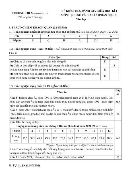 Bộ đề thi giữa kì 1 Địa lí 7 Kết nối tri thức Cấu trúc mới