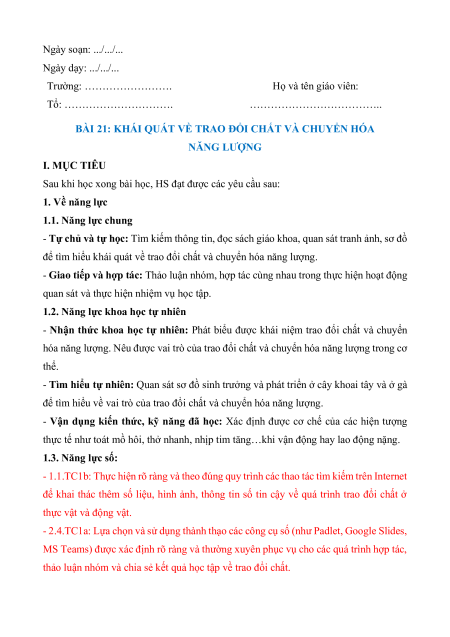 Giáo án Sinh học 7 Kết nối tri thức (năng lực số)