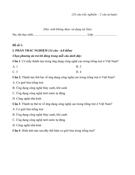 Đề thi Công nghệ 10 Giữa kì 1 Kết nối tri thức