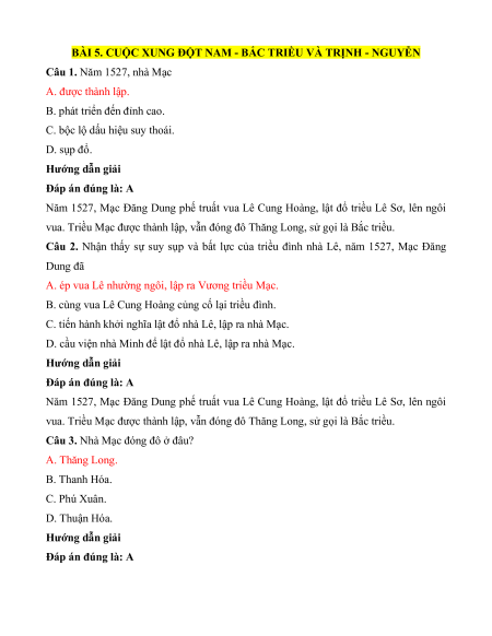 Trắc nghiệm Lịch Sử 8 có đúng sai (sách mới)