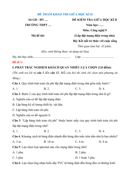 24 Đề thi Giữa kì 2 Công nghệ 9 (có lời giải)