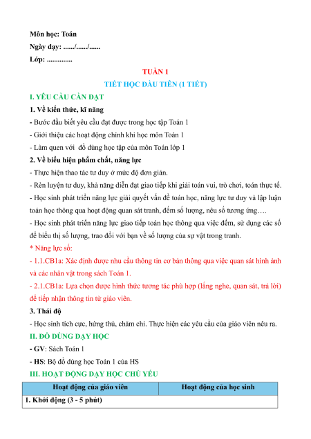 Giáo án Toán lớp 1 (sách mới) | Giáo án Toán lớp 1