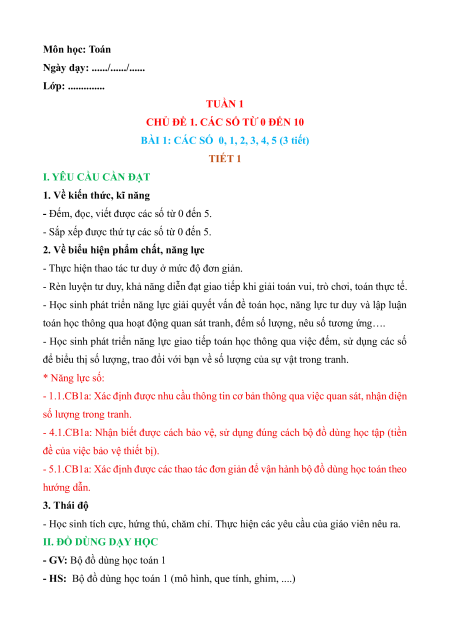 Giáo án Toán lớp 1 (sách mới) | Giáo án Toán lớp 1
