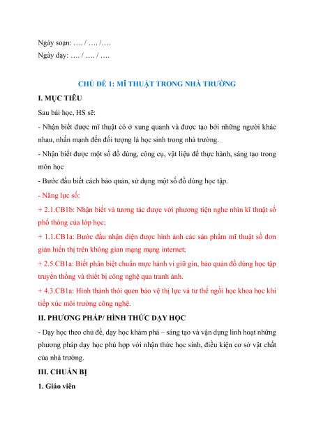 Giáo án Mĩ thuật lớp 1 (sách mới) | Giáo án Mĩ thuật lớp 1