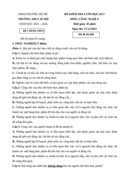 Đề thi Cuối kì 1 Công nghệ 9 Chế biến thực phẩm (có lời giải)