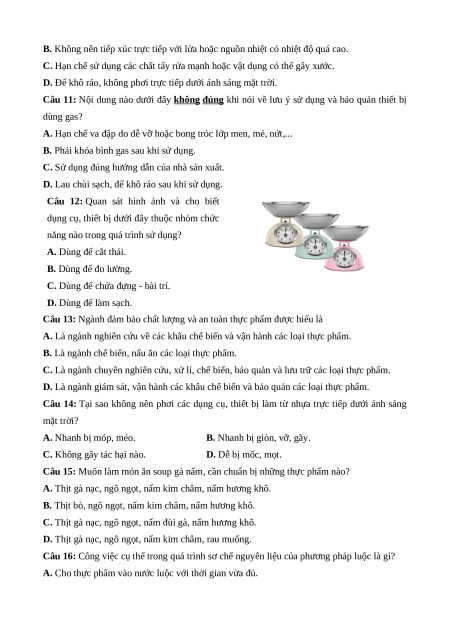 Đề thi Cuối kì 1 Công nghệ 9 Chế biến thực phẩm (có lời giải)