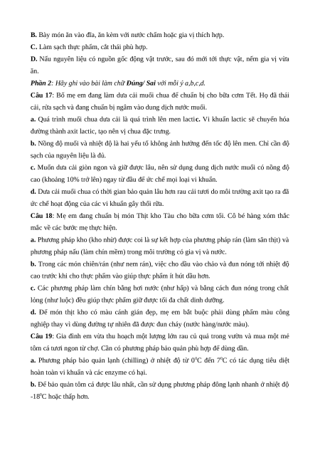 Đề thi Cuối kì 1 Công nghệ 9 Chế biến thực phẩm (có lời giải)