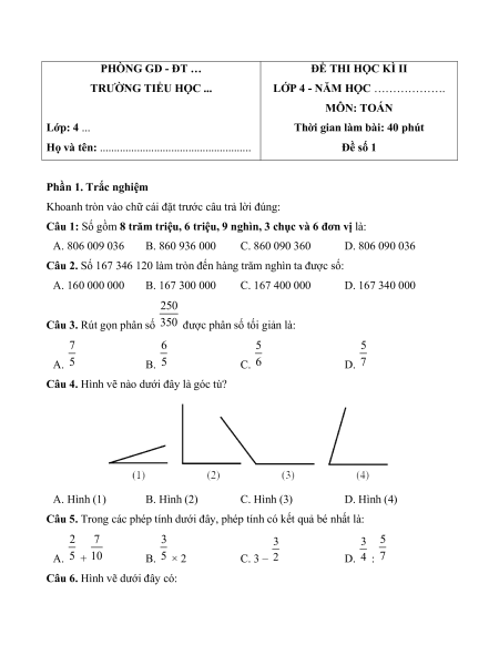 Bộ 33 đề thi cuối kì 2 Toán lớp 4 có đáp án