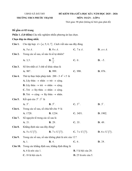 Bộ 30 Đề thi Giữa kì 1 Toán 6 Tp.HCM