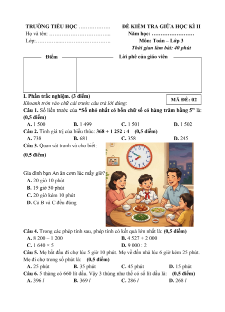 15 Đề thi Toán lớp 3 Giữa kì 2 có lời giải (sách mới)