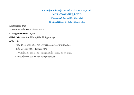5 Đề thi Cuối kì 1 Công nghệ Lâm nghiệp - Thủy sản 12 (có lời giải)