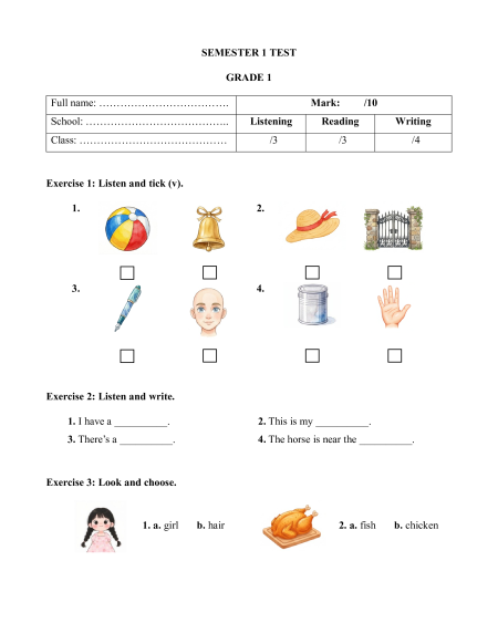Bộ 15 đề thi cuối kì 1 Tiếng Anh lớp 1 Global success có đáp án