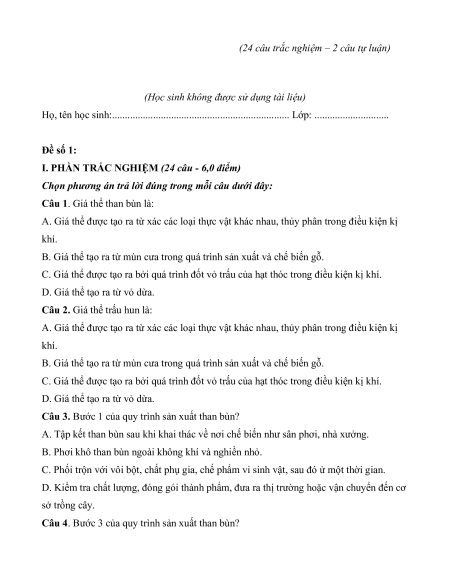 4 Đề thi Cuối kì 1 Công nghệ Trồng trọt 10 (có lời giải)