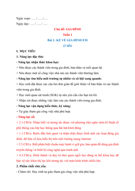 Giáo án Tự nhiên xã hội lớp 1 (sách mới) | Giáo án Tự nhiên và xã hội lớp 1