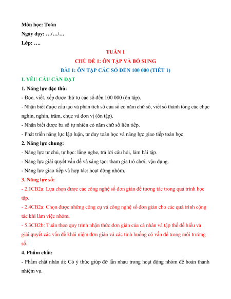 Giáo án Toán lớp 4 Kết nối tri thức (năng lực số)