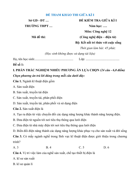 7 Đề thi Giữa kì 1 Công nghệ Điện - Điện tử 12 (có lời giải)