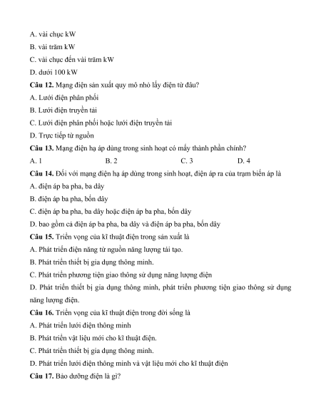 7 Đề thi Giữa kì 1 Công nghệ Điện - Điện tử 12 (có lời giải)