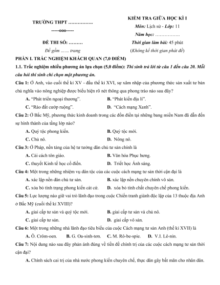 Bộ 16 đề thi giữa kì 1 Lịch sử 11 Kết nối tri thức cấu trúc mới có đáp án