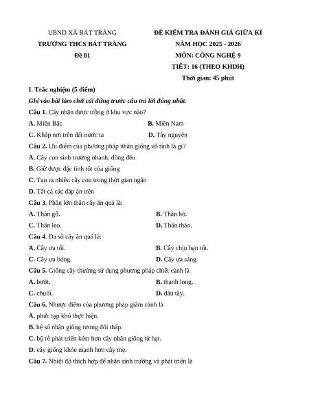Đề thi Giữa kì 1 Công nghệ 9 Trồng cây ăn quả (có lời giải)