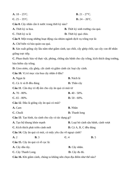 Đề thi Giữa kì 1 Công nghệ 9 Trồng cây ăn quả (có lời giải)